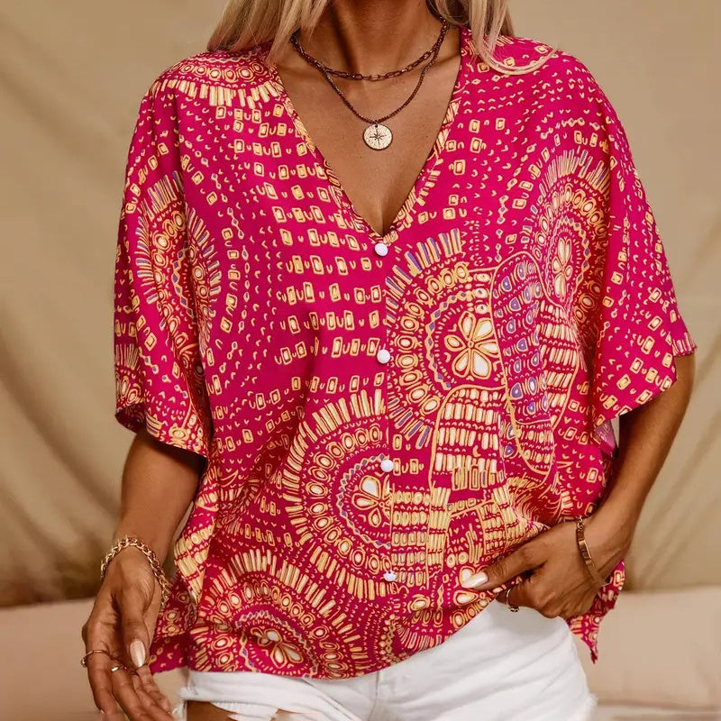Blusa con cuello en V y estampado de mandala – Top casual de vacaciones