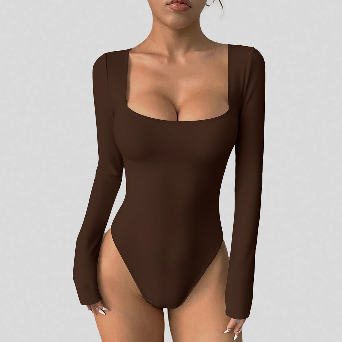 Women Square Neck Long Sleeve One-Piece Yoga Bodysuit Stretchy Tight Integrated Jumpsuit Fitness Workout Outfit