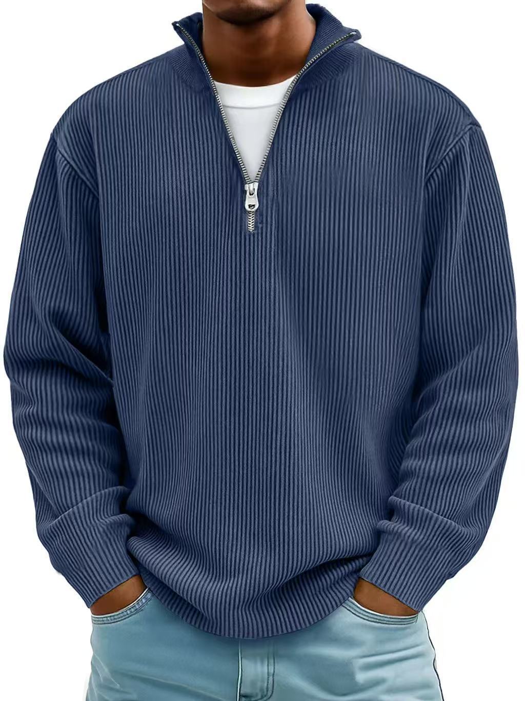 New Autumn And Winter Men's Casual Stand-Up Collar Zipper Corduroy Long-Sleeved Men's Polo Shirt Sweatshirt Autumn Sweatshirt