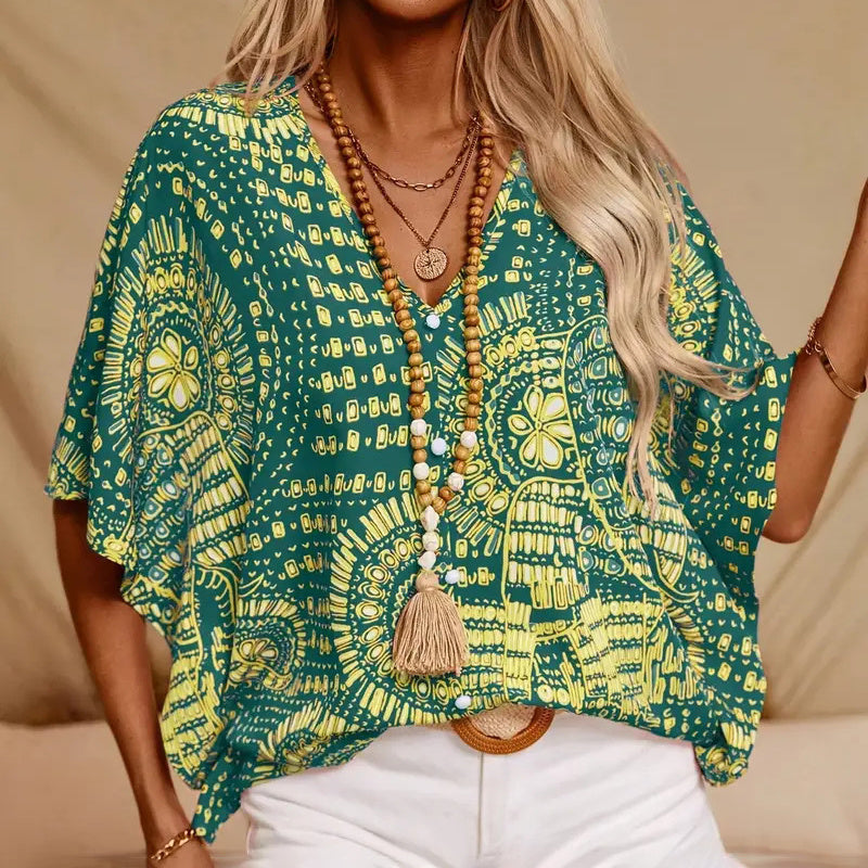 Blusa con cuello en V y estampado de mandala – Top casual de vacaciones