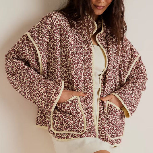 Plus Size Stand Collar Quilted Floral Cotton Coat Jacket Women See size chart under “more details”