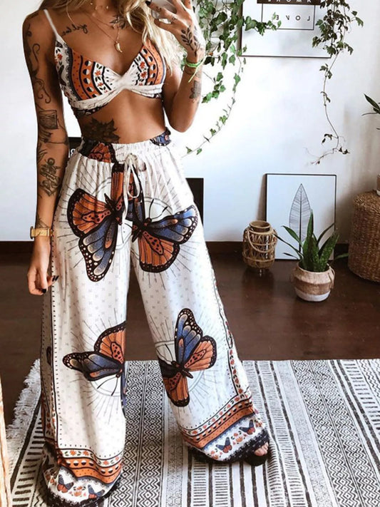 Conjunto de Top y Pantalones con Estampado Mariposa Bohemio