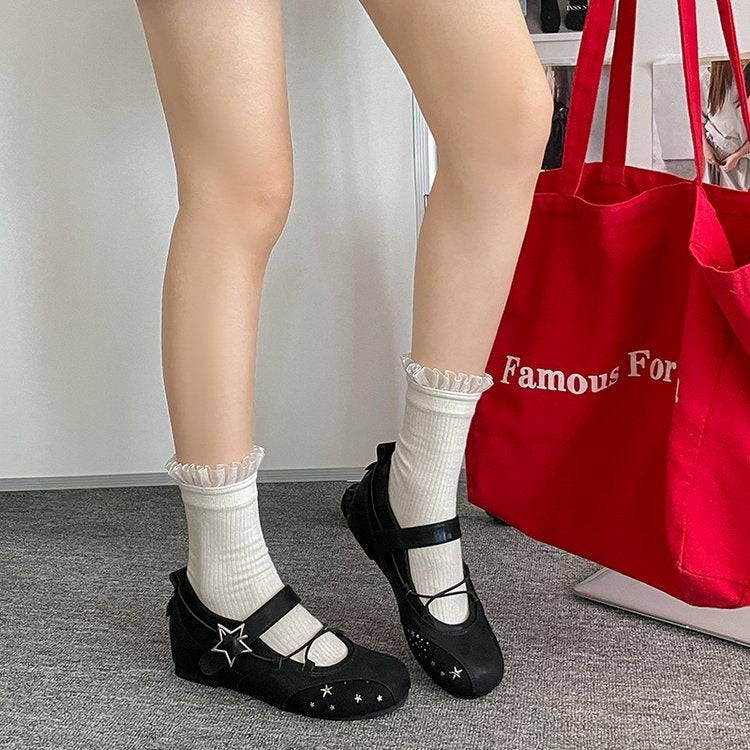 White Star Embroidery Mary Jane Flats Women Square Toe Buckle Strap Ballet Flat Shoes