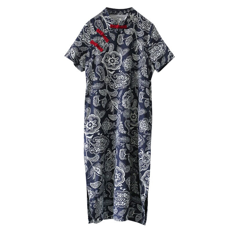 Retro Floral Cotton Dress with Side Slit