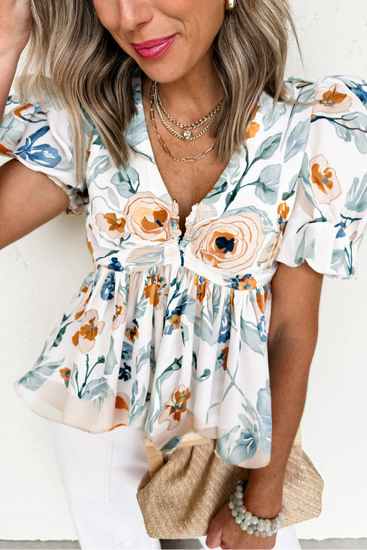 Blusa Babydoll Escote V con Manga Abullonada y Estampado Floral Verde