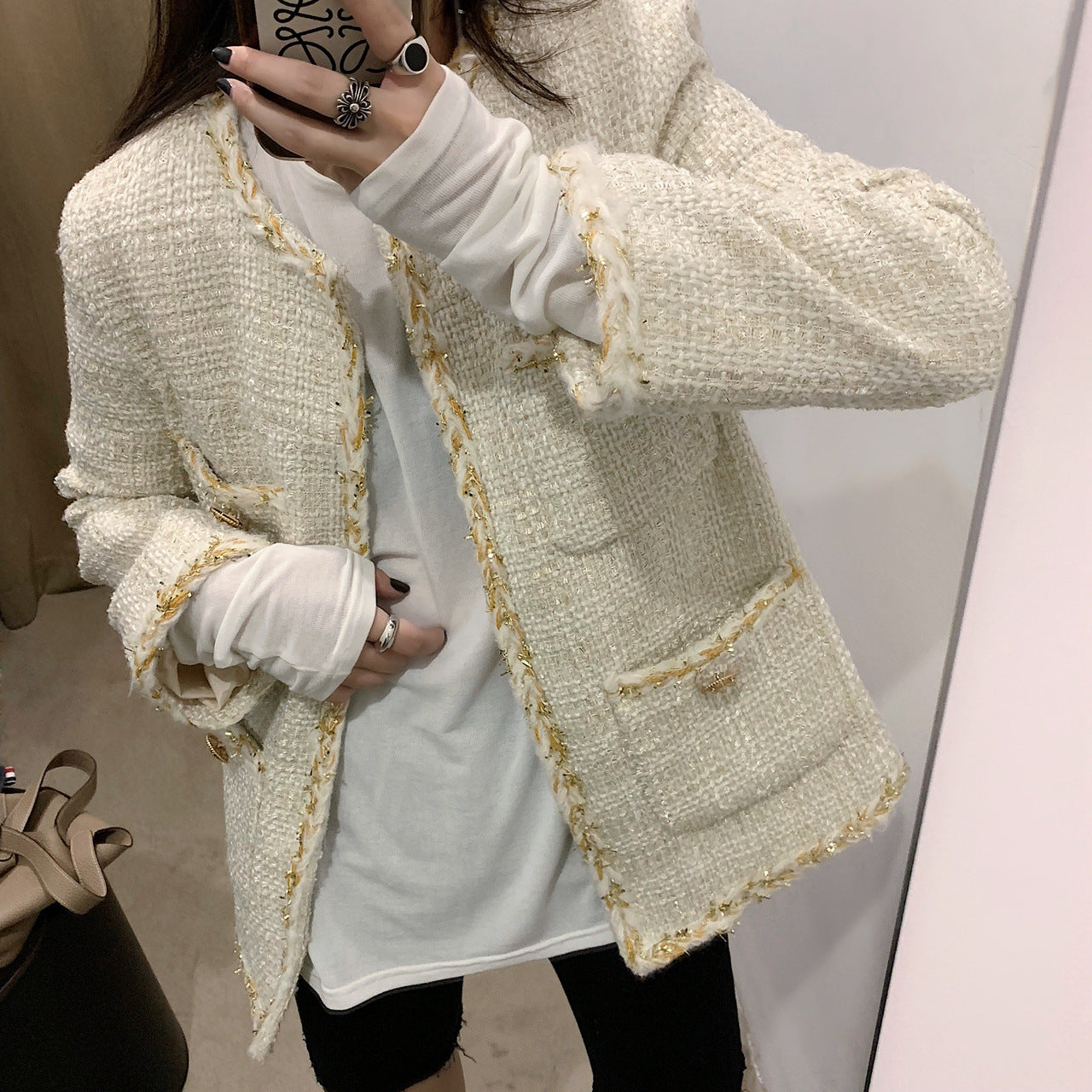 Loose Knit Pocket Round Neck Jacket for Women