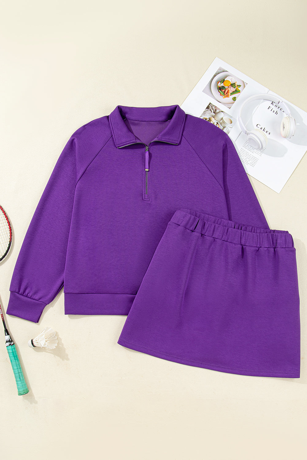 Conjunto de 2 piezas de falda y suéter con media cremallera y cuello, talla grande, diseño de glicinia