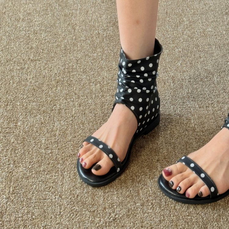 European And American Style Polka Dot Single Strap Mid-Calf Sandal Boots For Women, Comfortable Flat Fashion Boots, Slip-on Flat Summer Sandals