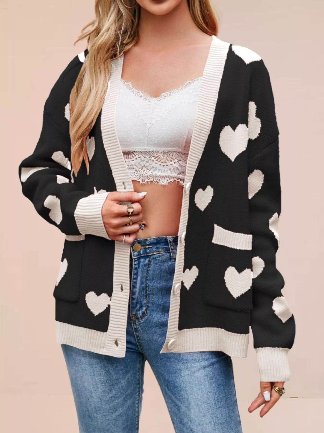 Heart Pattern V-Neck Button-Down Knit Cardigan