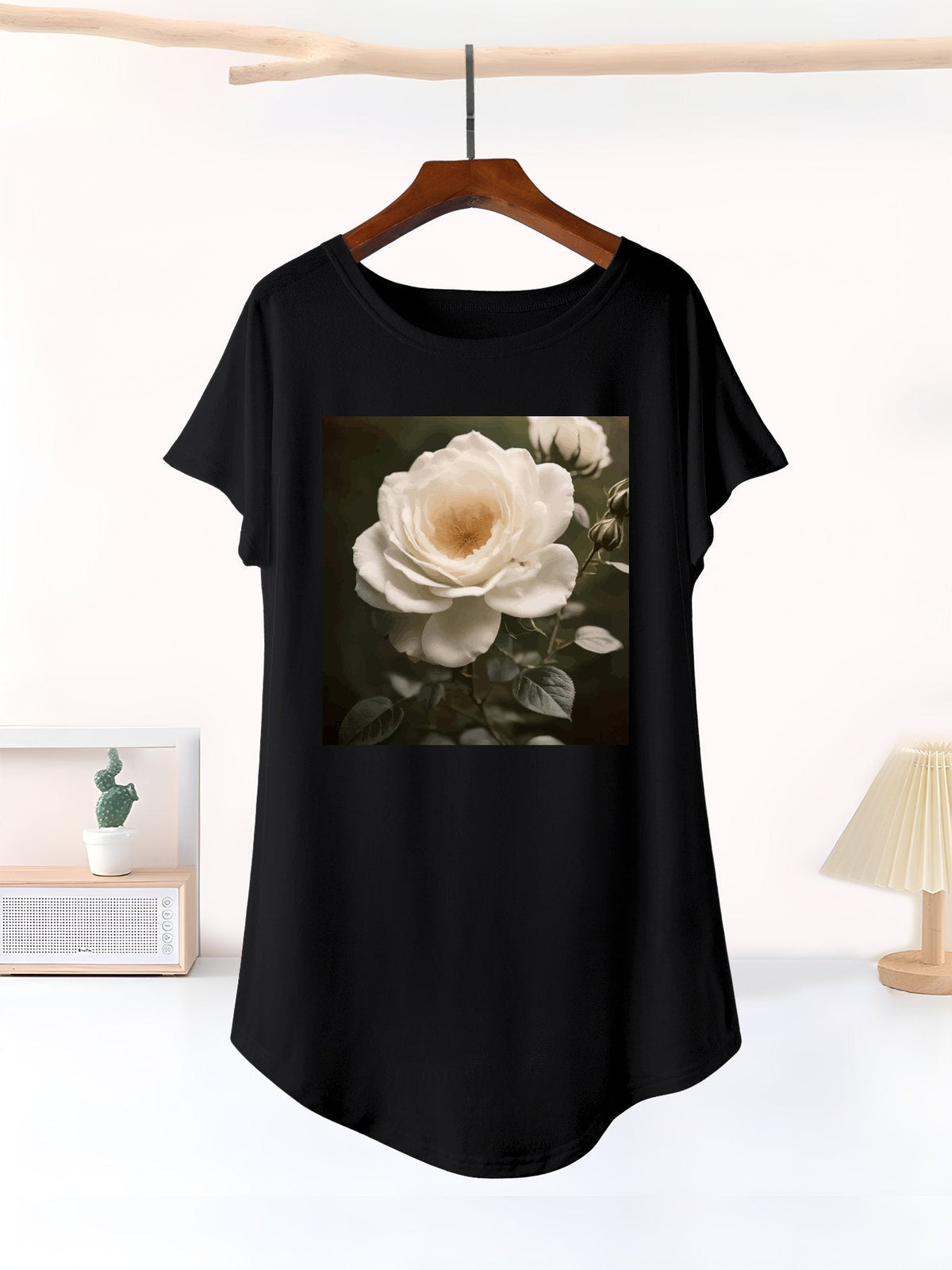 White Rose T-Shirt Dress Nightgown for Women (Front Printing)