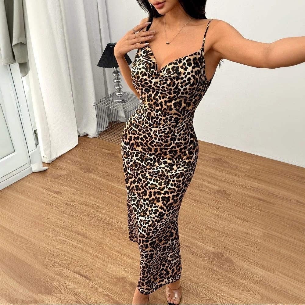 Backless Swing Collar Vacation Sexy Leopard Strap Dress