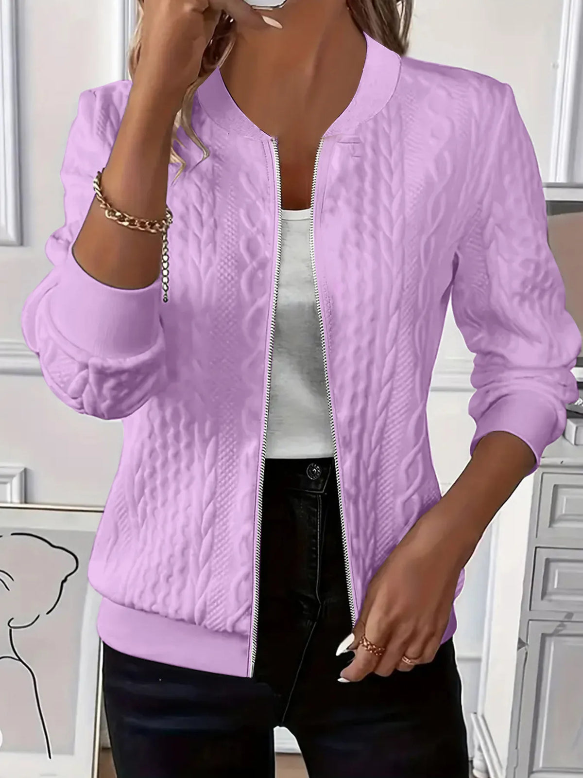 Texture Zip Up Long Sleeve Jacket