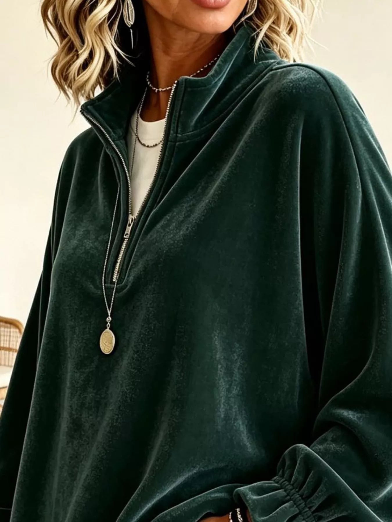 Velvet Quarter-Zip Sweatshirt with Ruffled Cuffs