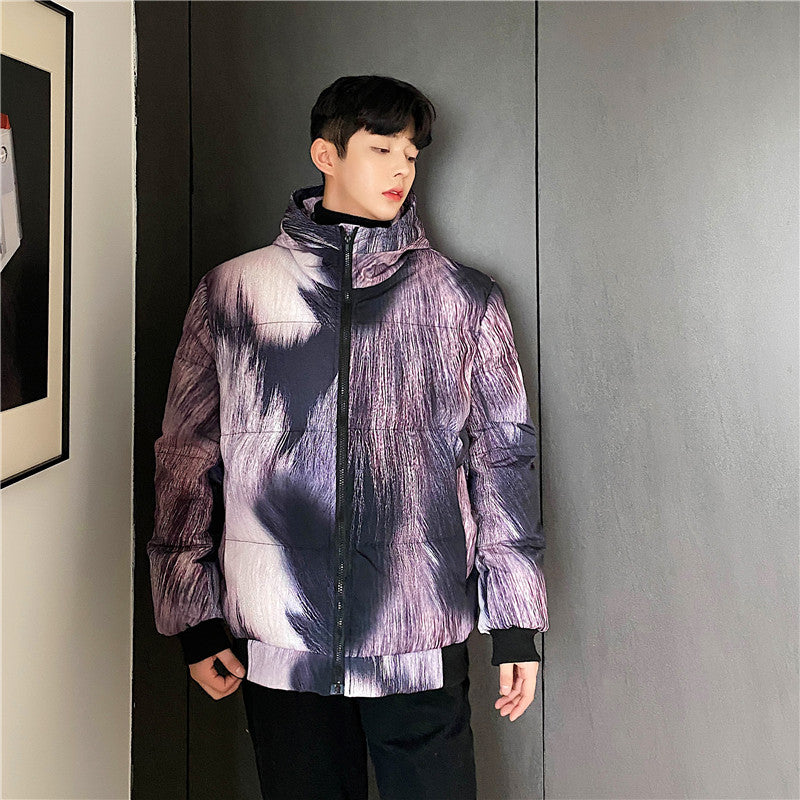 Fried Street Purple Fur Animal Print Fur Three-dimensional Print Hooded Cotton Jacket Men