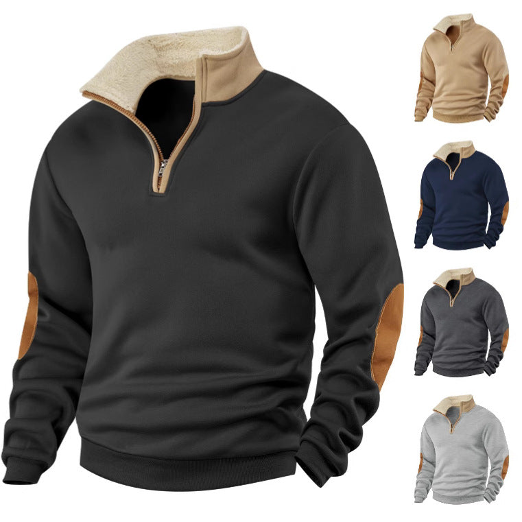 Cross-Border European And American Temu Amazon New European Size Sweatshirt Retro Patchwork Embroidered Half-Zip Men's Long-Sleeve Sweatshirt