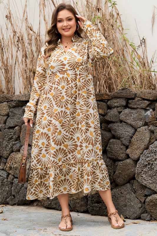 Vestido largo suelto talla grande con estampado abstracto de plantas color caqui