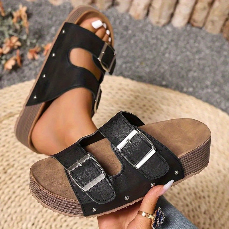 Elegantes sandalias planas de verano, tacón grueso con doble hebilla