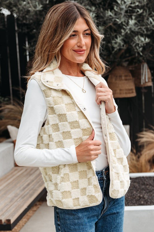 Checker Sherpa Snap Button Vest Jacket With Pocket See size chart under “more details”