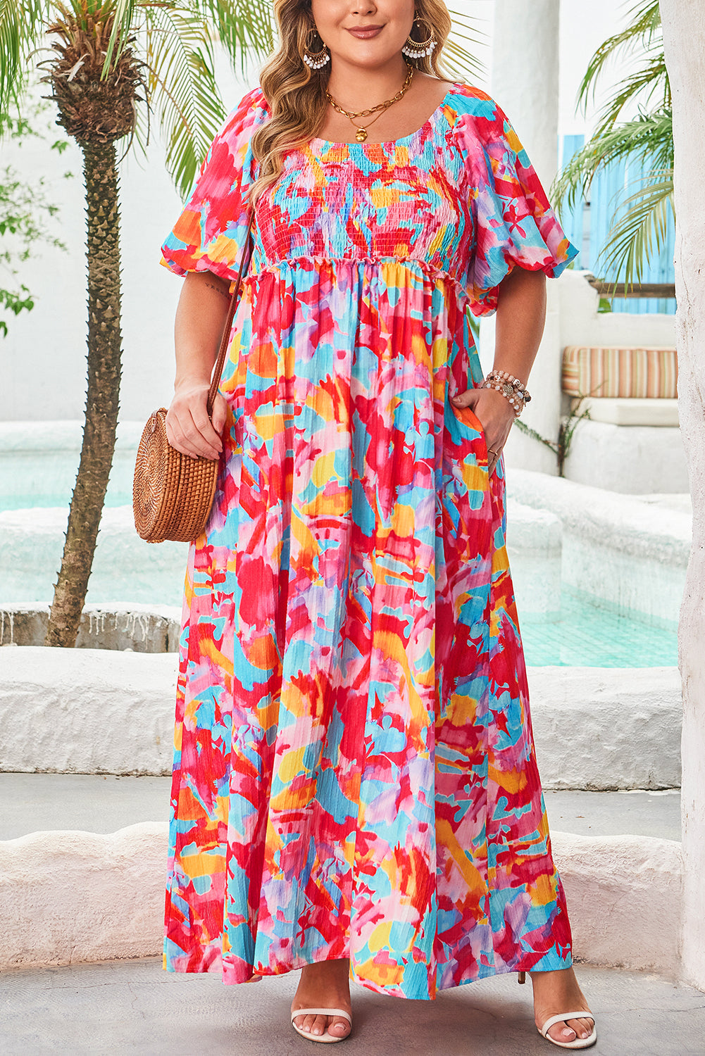 Vestido de Talla Grande con Estampado Floral Abstracto, Mangas Abullonadas, Escote Cuadrado, Busto Fruncido y Espalda Atada