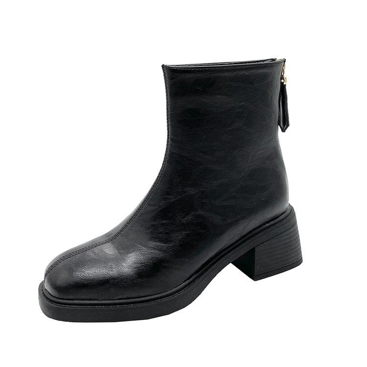 Retro Chunky-heeled Short Square-toe Mid-heel Boots