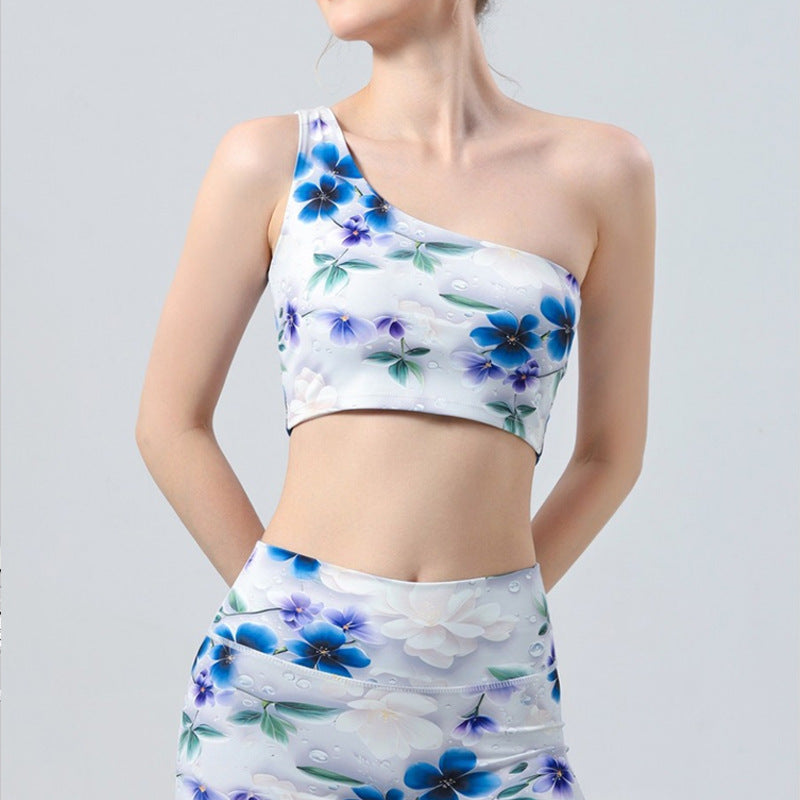 Sexy Fashion One-Shoulder Printed Yoga Vest With Chest Pads And Sports Fitness Cropped Pants