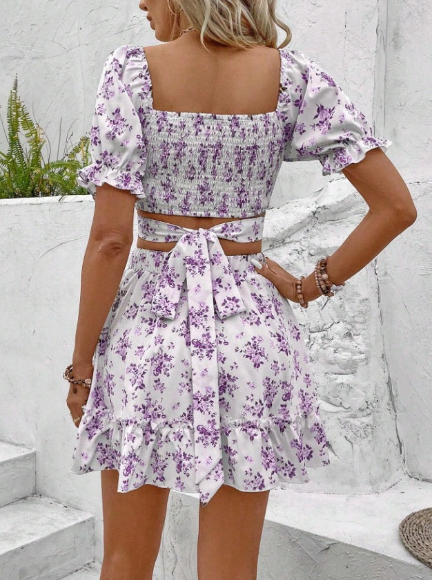 Conjunto de dos piezas floral de ditsy – Top corto y minifalda | Conjunto de verano