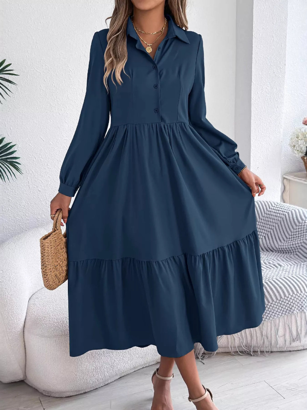Long Sleeve Tiered Button Front Midi Dress