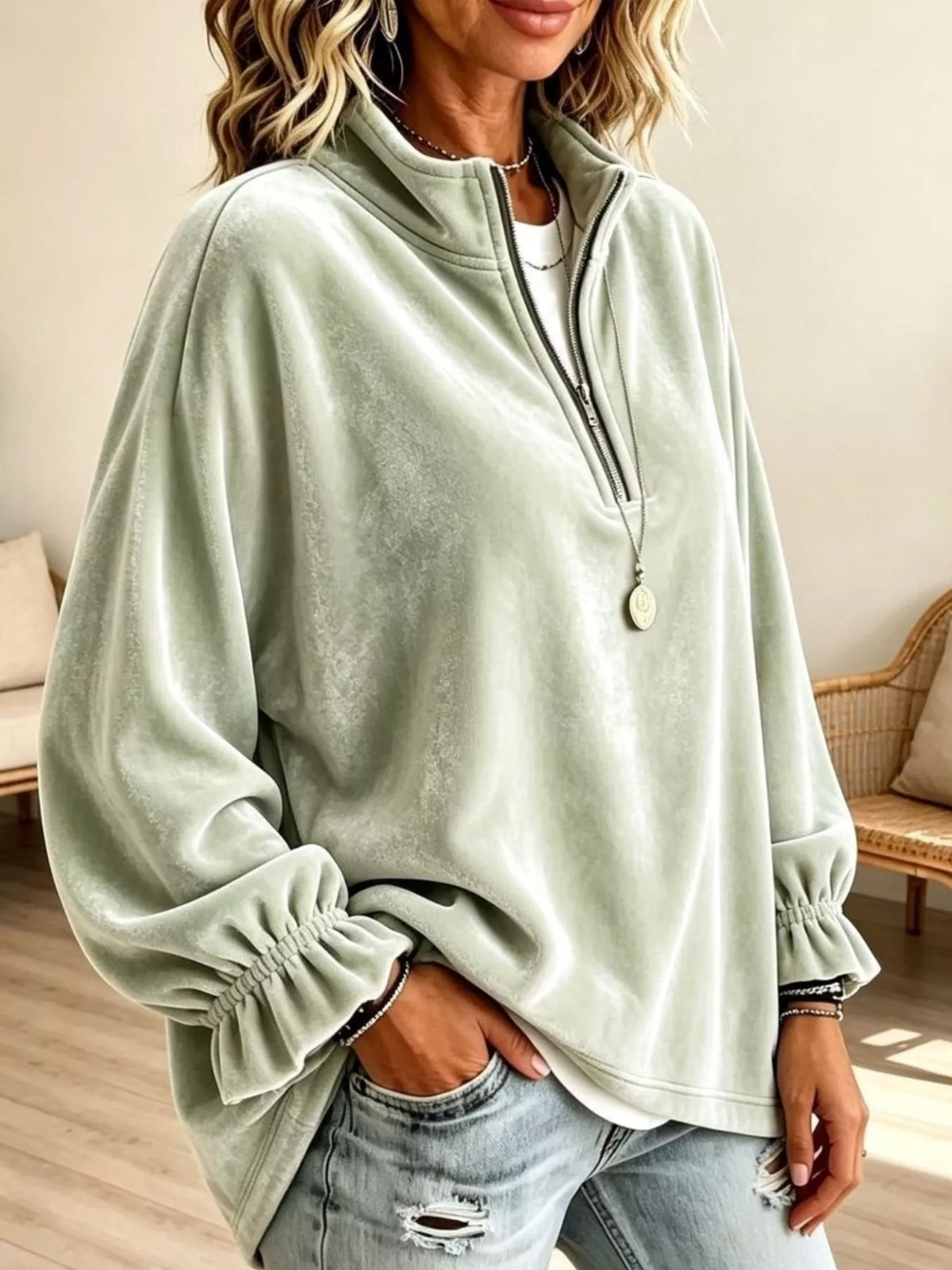 Velvet Quarter-Zip Sweatshirt with Ruffled Cuffs