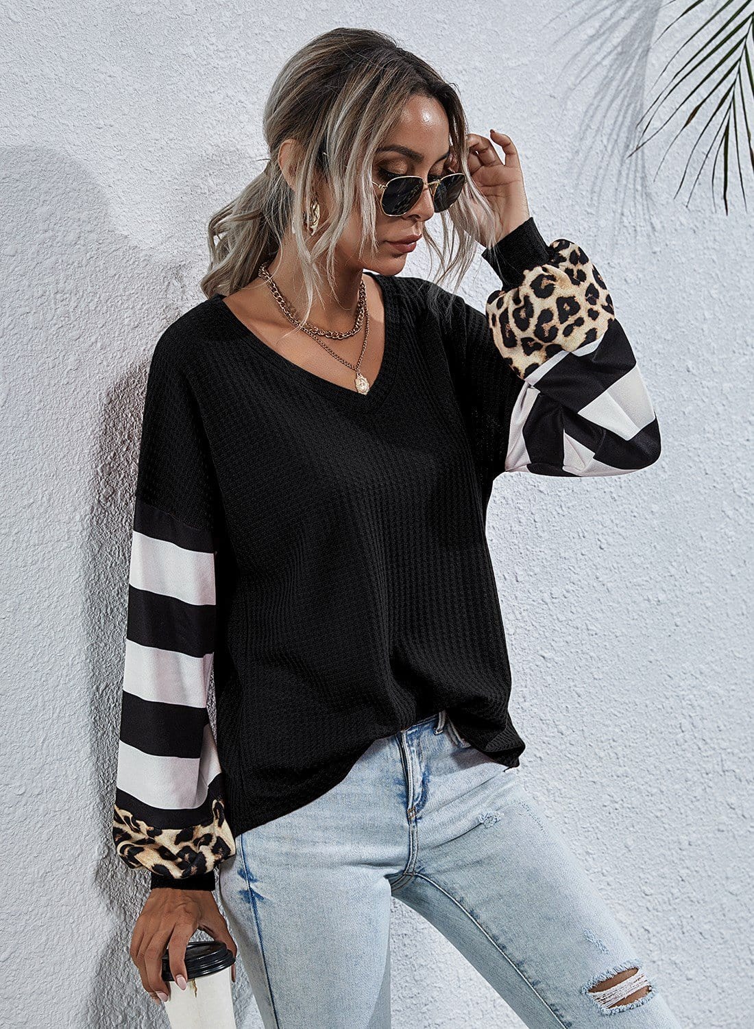 Suéter a contraste con estampado de rayas y leopardo