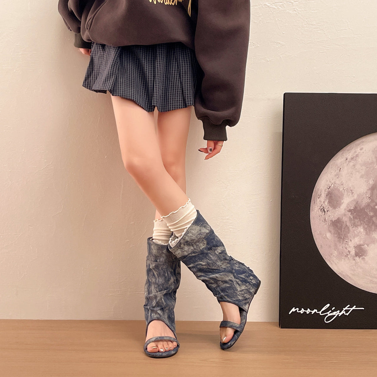Women Slouch Washed Denim Open Toe Long Boots, Lace Trim Side Buttons Y2K Hidden Wedge Tall Sandal Booties
