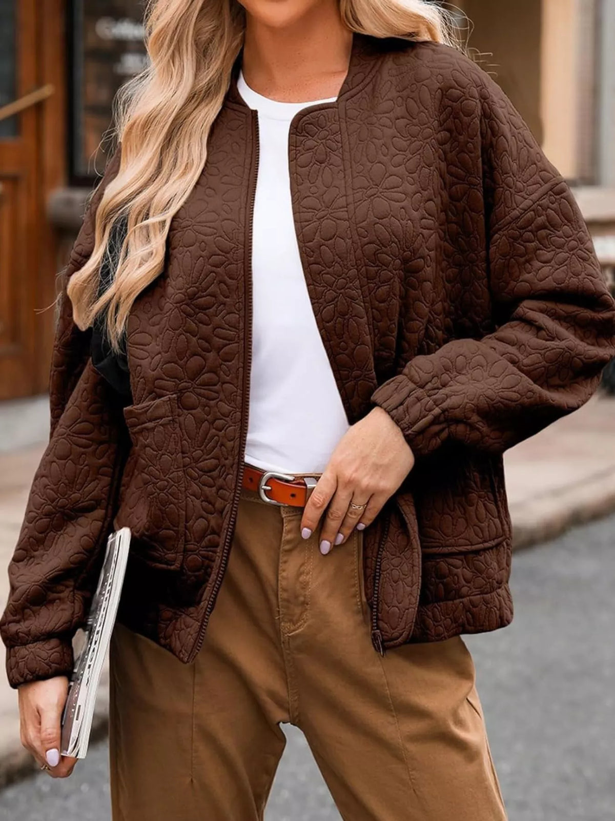 Full Size Floral Quilted Zip Up Jacket Plus Size