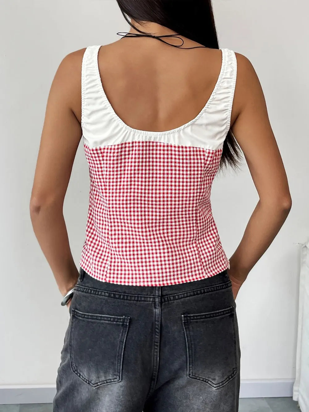 Contrast Plaid Square Neck Tank