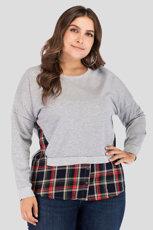 Top de cuello redondo con hombros caídos y parches a cuadros de talla grande