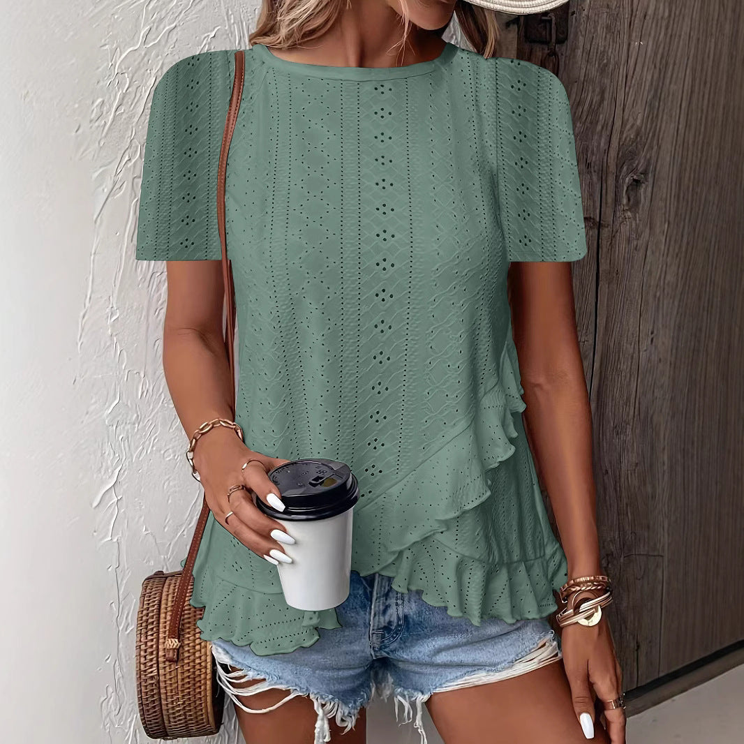 Camiseta de mujer casual de manga corta y cuello redondo de color liso