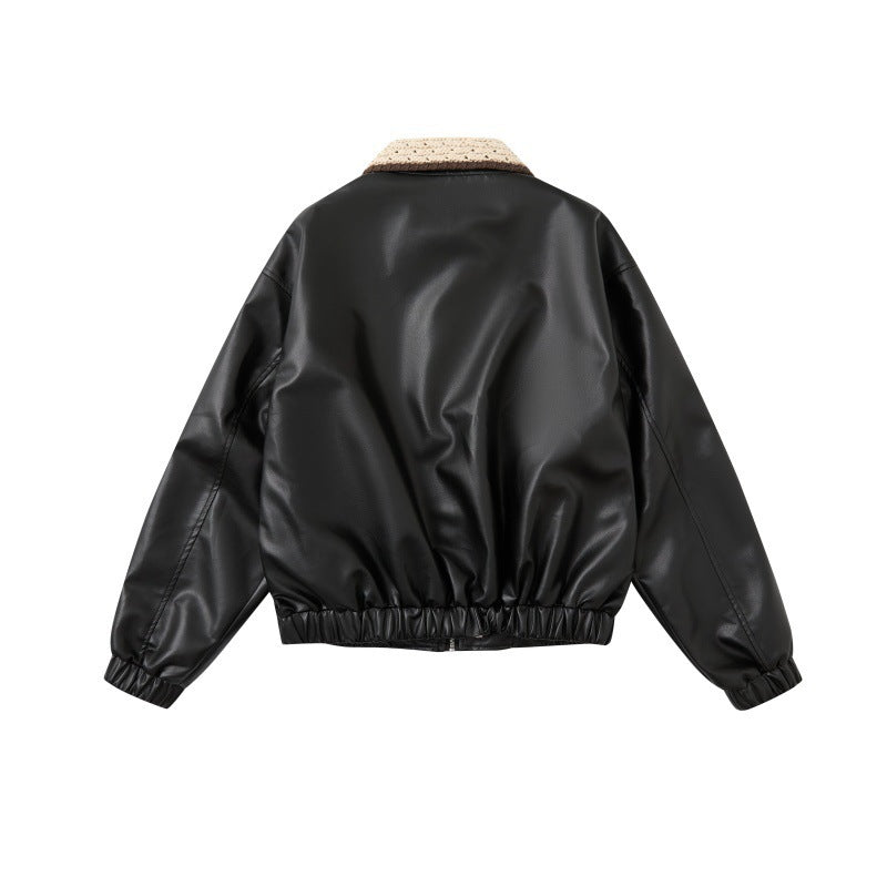 Color-blocked, Lapel-collar, Loose-fitting, Versatile, Trendy PU Leather Jacket For Couples