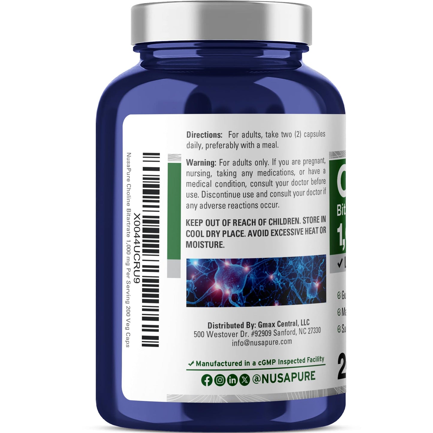 NusaPure Choline Bitartrate - Suitable for Vegetarian/Vegan, Non - GMO - 1000 mg 200 Capsules