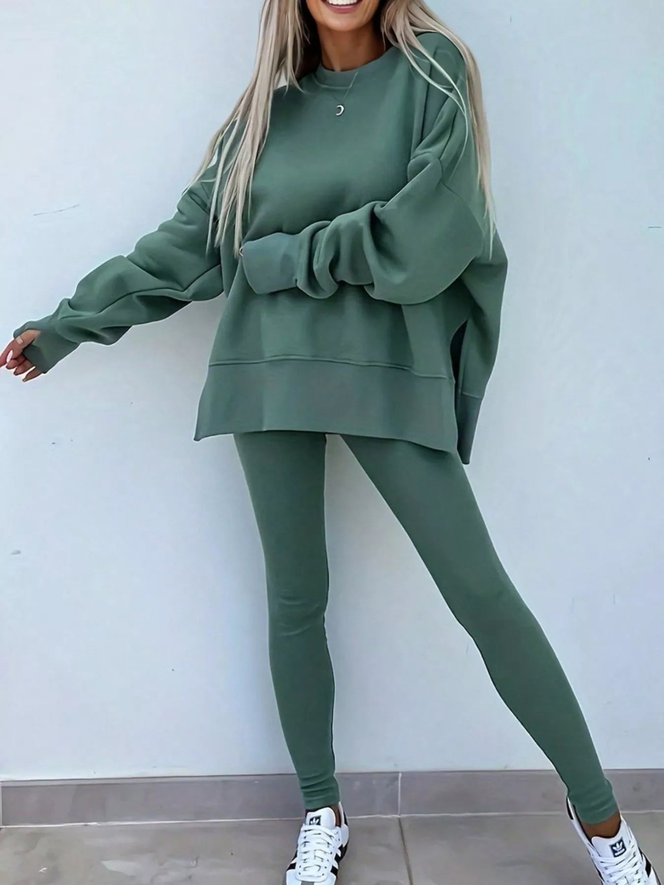 Conjunto de Sudadera Extragrande con Abertura y Leggings Acanalados de 2 Piezas