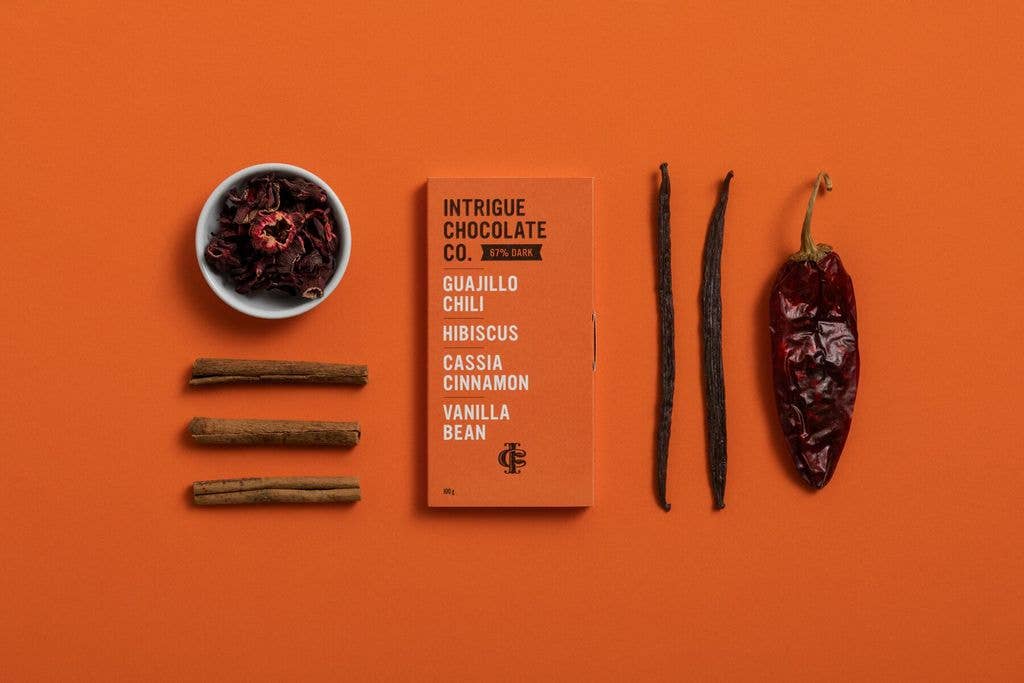 Intrigue Chocolate: Guajillo Chili, Hibiscus, Cassia Cinnamon, Vanilla Bean Bar