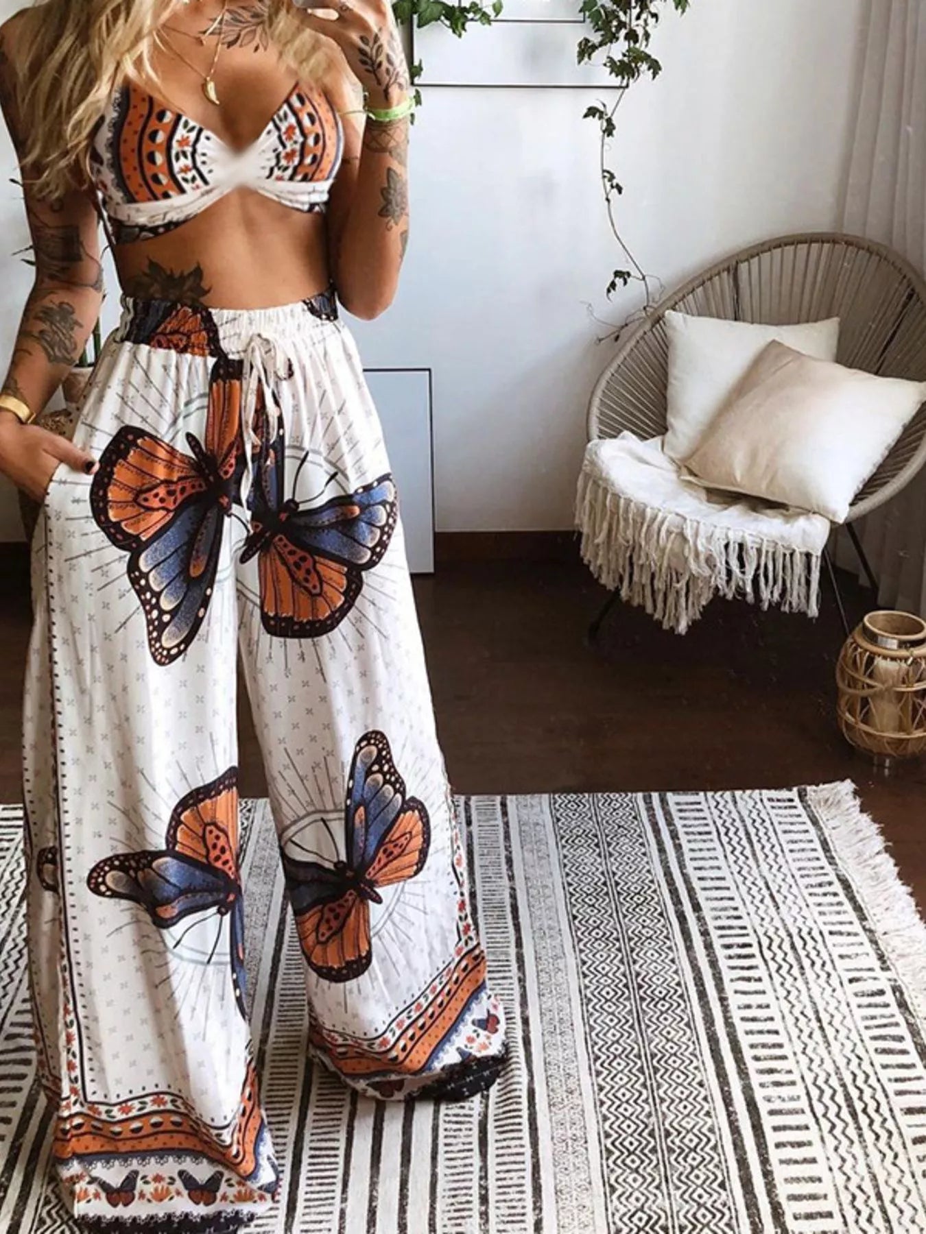 Conjunto de Top y Pantalones con Estampado Mariposa Bohemio
