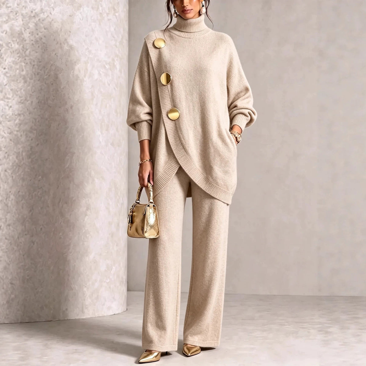 Women's Asymmetric High-Neck Sweater & Wide-Leg Pants Set