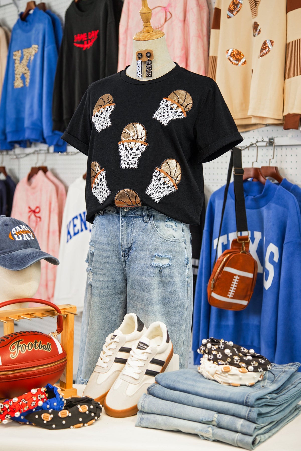 Black Sequin Basketball Patched Graphic Game Day T Shirt