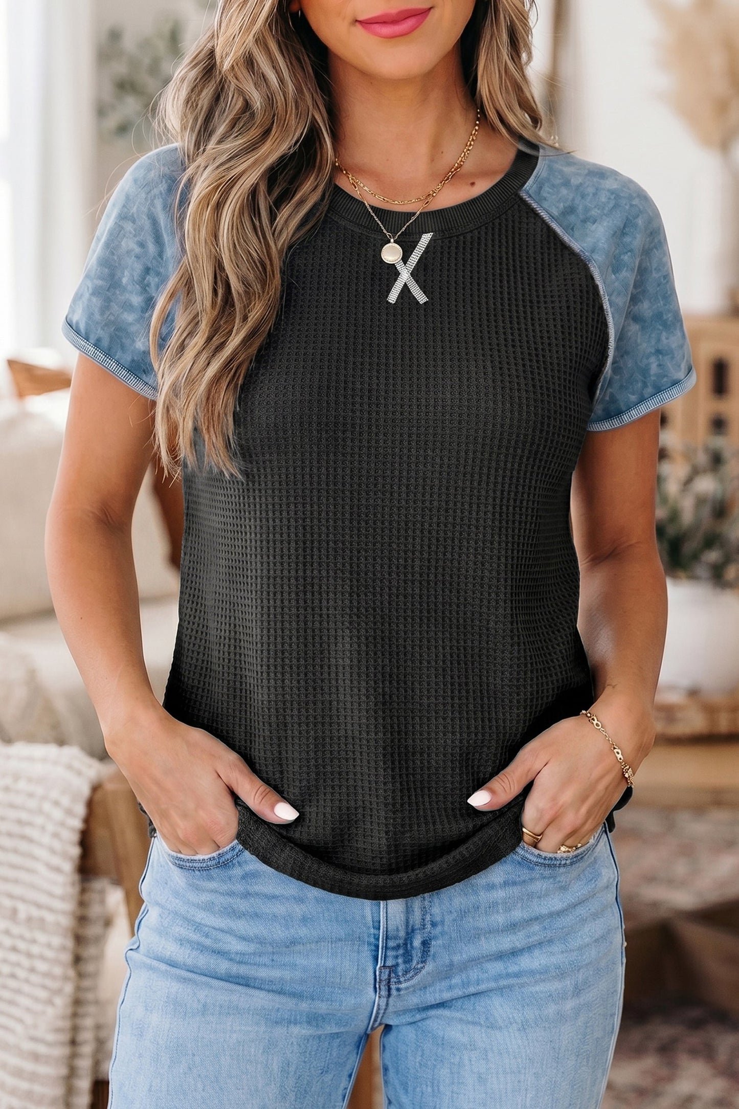 Carbon Grey Waffle Knit Seam Detail Color Block Patchwork Short Sleeve Top