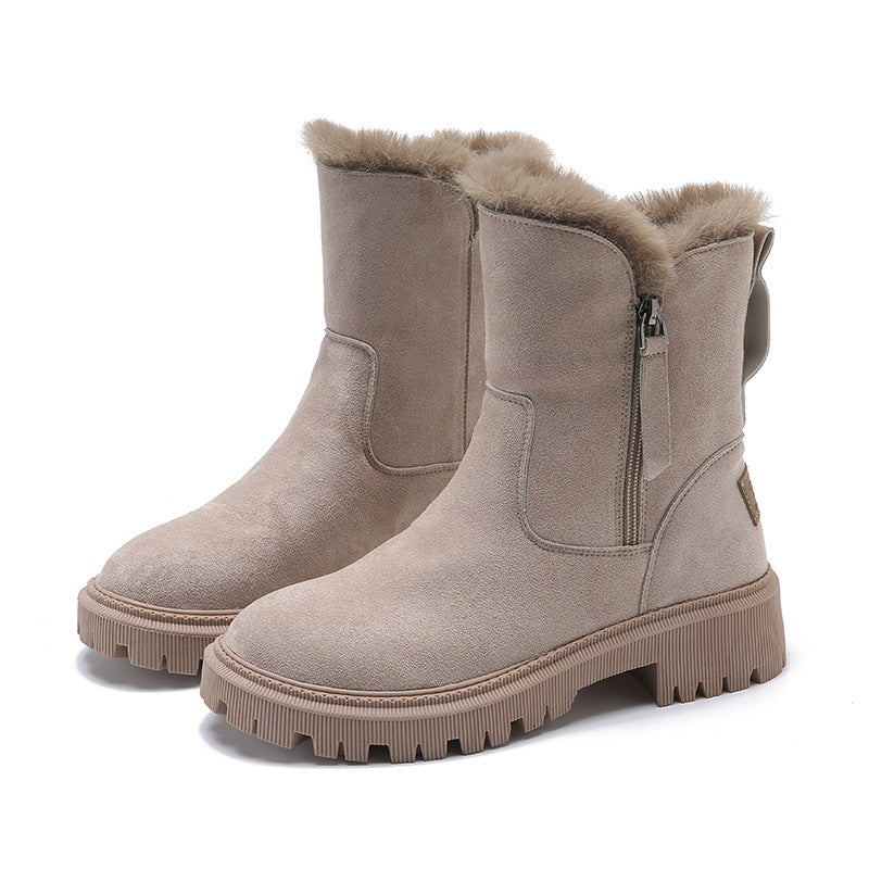 Womens Winter Fur-and-leather Snow Boots With Fleece Lining Casual Style