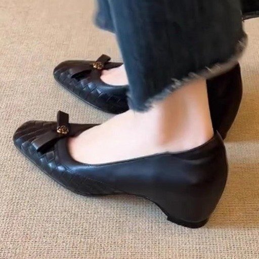 Women Slim Square Toe Inner Height Increase Flats, Slip-on Woven Bow Shallow Mouth Mary Jane Shoes