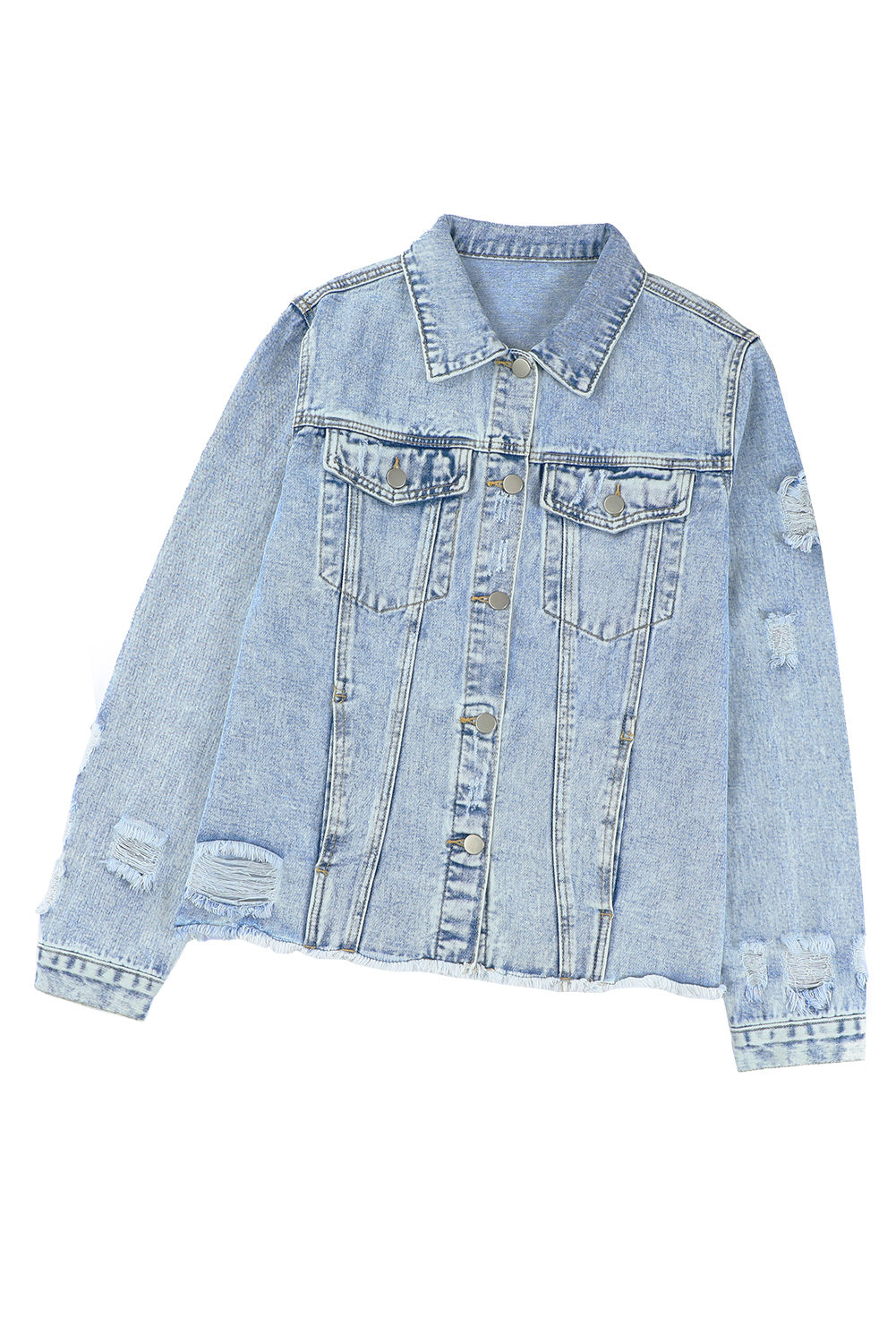 Chaqueta Vaquera Azul Claro Desgastada Rota con Bajo Sin Rematar y Botones