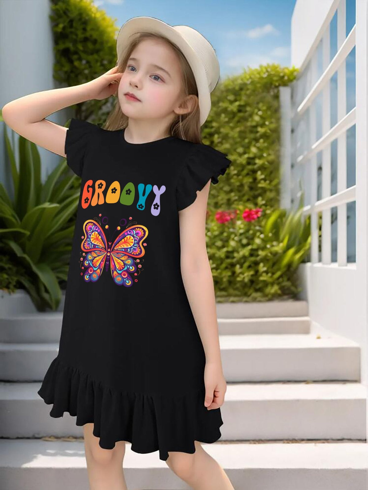 Groovy Butterfly Flutter Sleeve Dress for Girls (Front Printing)