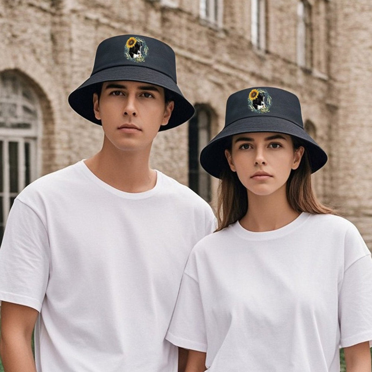 Black Bucket Hat with Cute Puppy for Women & Men (Front Printing)