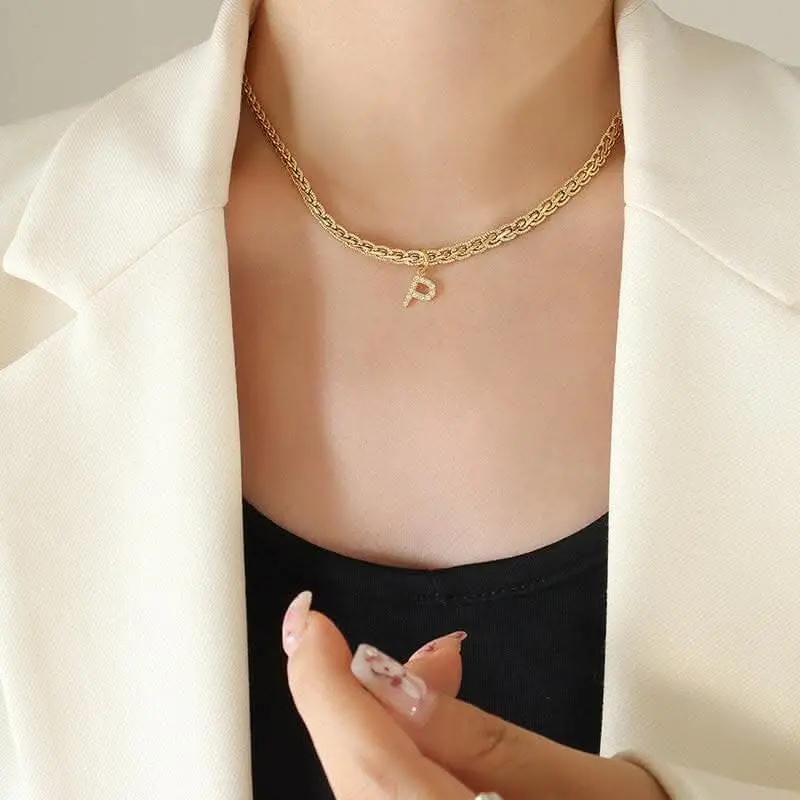 T-Shirts Trendsi Necklaces - Brass zircon letter pendant necklace