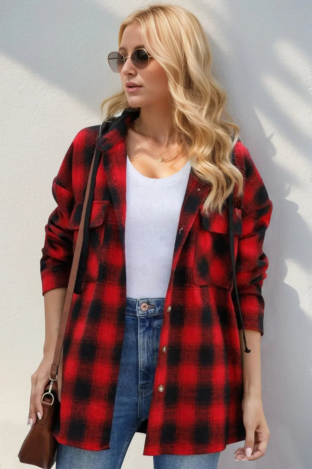 Chaqueta de cuadros con capucha, mangas largas y cordón ajustable Double Take