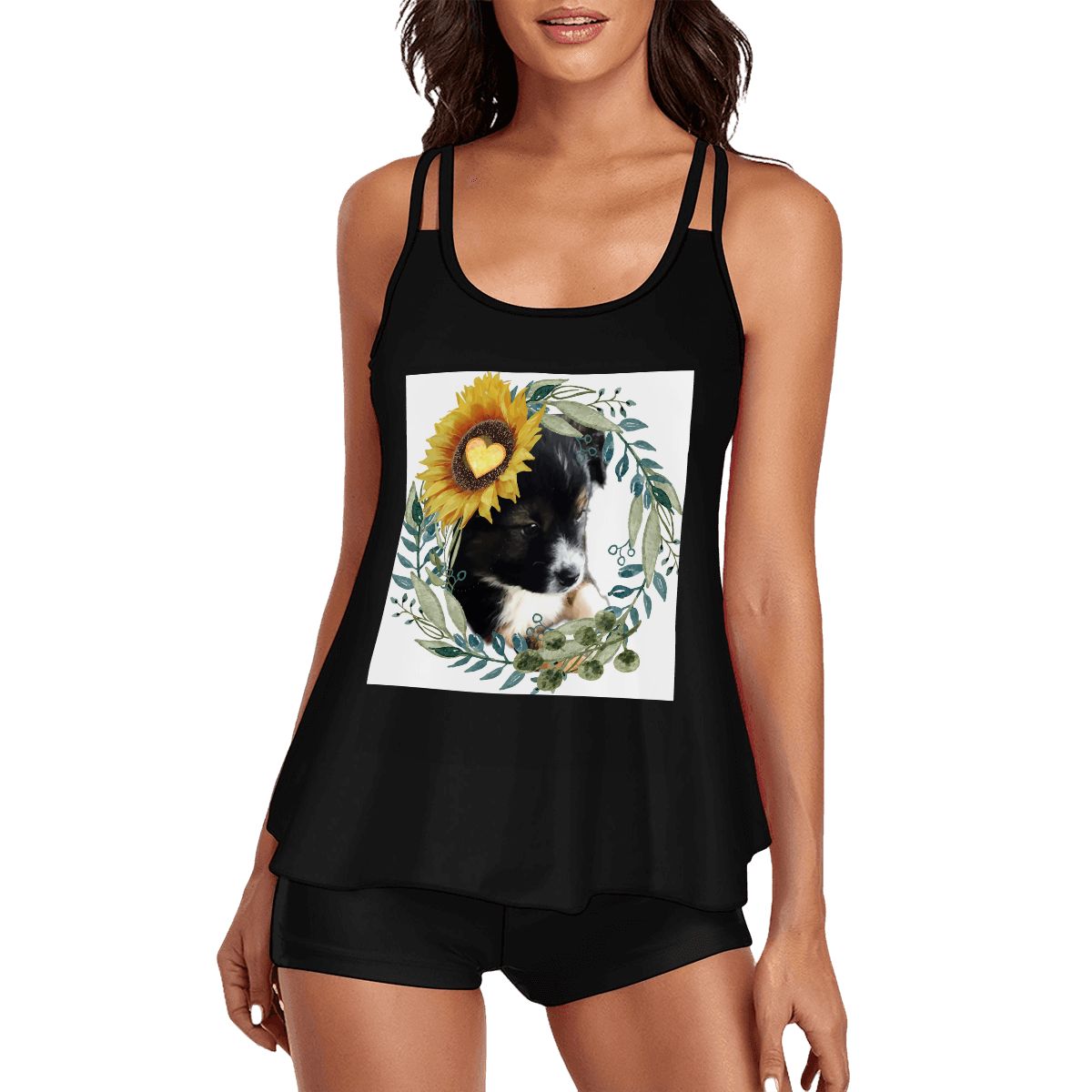 Women's Cute Black Puppy with Yellow Sunflower 2-piece Swimsuit with Straps(Made in USA)